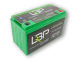 LBP 12V 108Ah BT High Performance Lithium Battery with green casing and black label showing product information and branding.