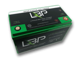 LBP 12V 100Ah Lithium Battery with green and black casing, displaying brand name and terminal connections.