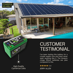 Lithium battery product (LBP 12V 100Ah BT) with customer testimonial and image of a house with solar panels.